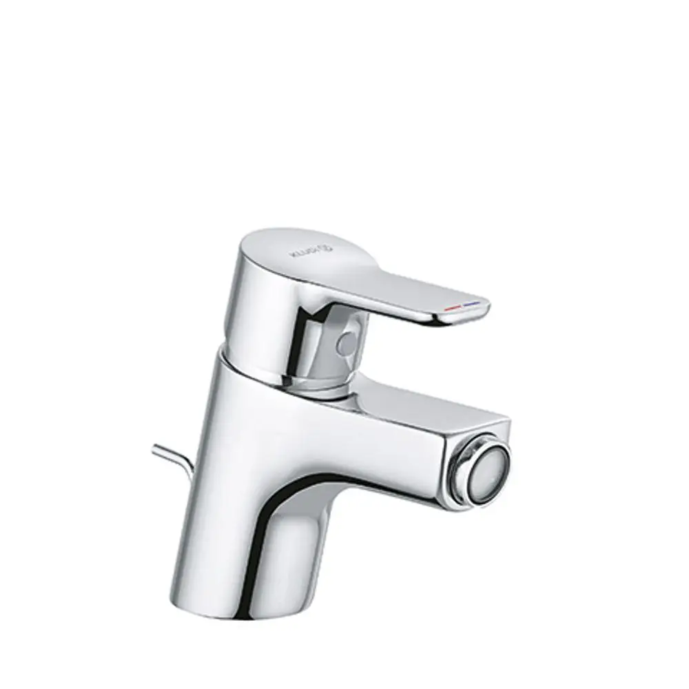 Chromfarbener Kludi Wasserhahn für ein Bidet mit einem Hebel für die Temperaturregelung und einem seitlichen Abfluss.